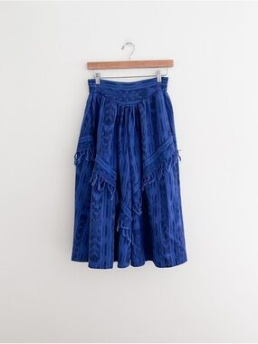 Vintage Guatemalan Indigo Ikat Cotton Skirt | Fringe Trim | Handwoven Boho Midi